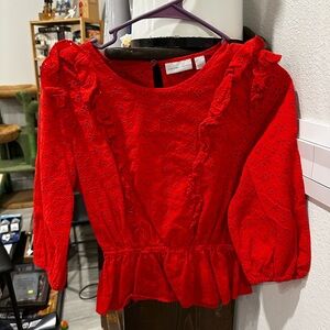 New York & Company Red Eyelet Ruffle Top, Quarter Sleeve, size XS